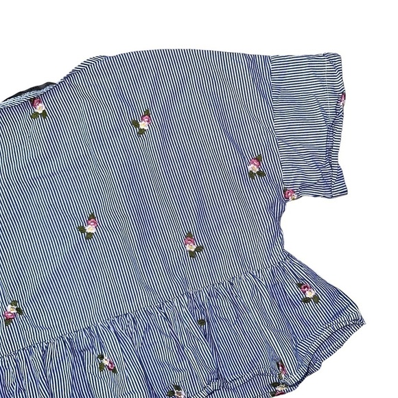 Zara Blue Striped Floral Embroidered Short Sleeve Blouse US M - Picture 6 of 9